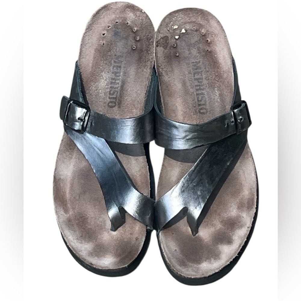Mephisto Tyfanie silver leather cork foot bed wedge sandals - Picture 3 of 11